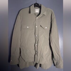 WOOYOUNGMI Flap Chest Pocket Side Slit Button Up Shirt In Olive Green size 48